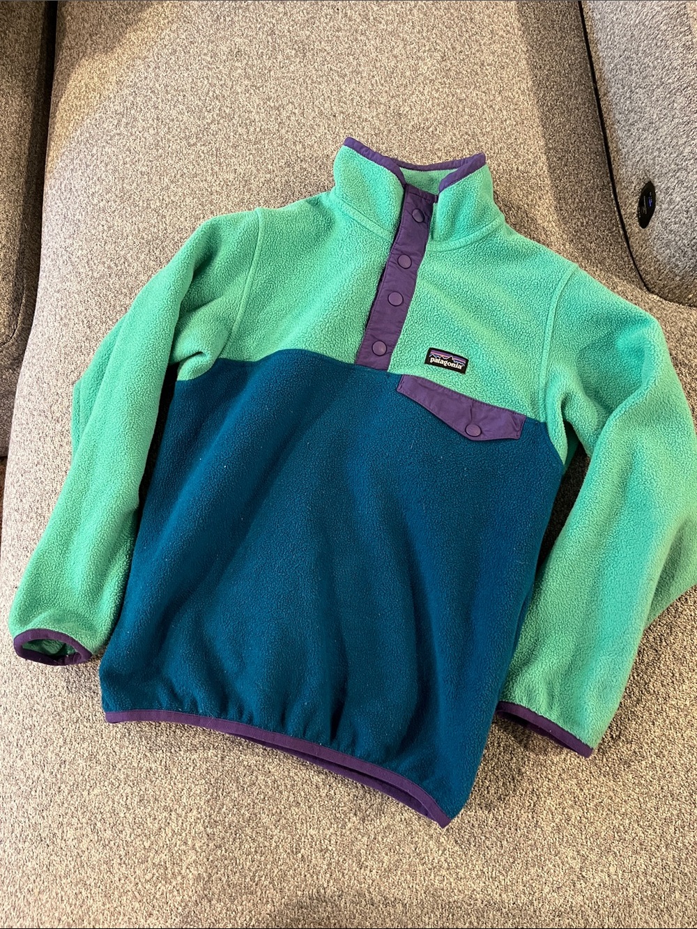 Patagonia Teal & Navy Fleece Pullover with Purple Accents